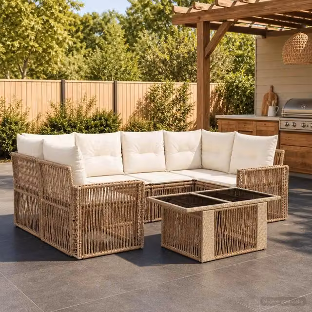 Set Divano da Giardino 7 pz Beige e Bianco Crema polyrattan 3436752