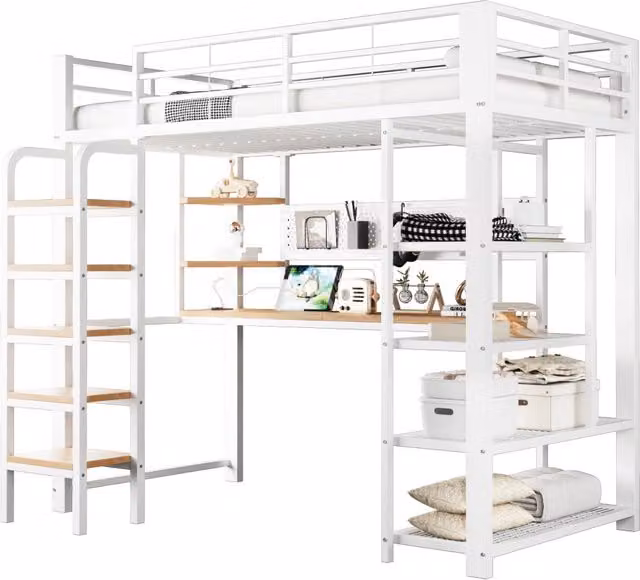 Letto a soppalco singolo Chicfurn bianco con scrivania, ripiani, scala, illuminazione LED e porte USB, L/P/H: 200 x 90 x 172,5 cm