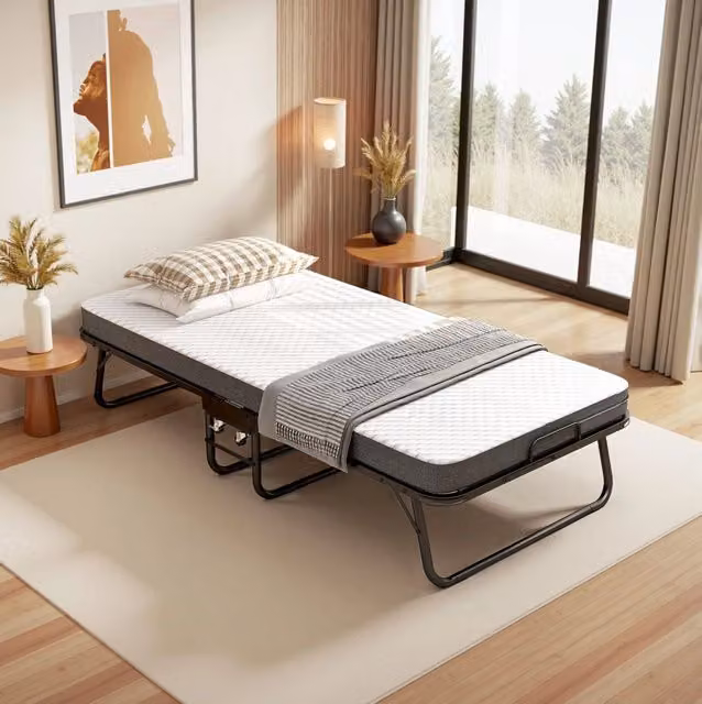Letto pieghevole singolo 90x190 cm in metallo nero con materasso Memory Foam 10 cm e ruote