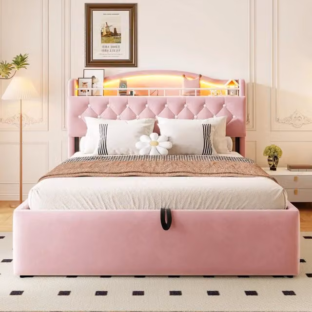 Letto contenitore imbottito in velluto 140 x 200 cm, letto matrimoniale con LED, USB, Type-C, testiera con contenitore e rete metallo, rosa