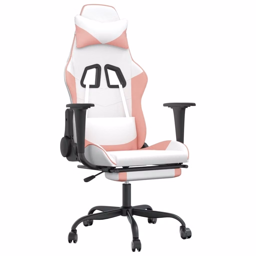 Sedia da Gaming con Poggiapiedi Bianco e Rosa in Pelle finta