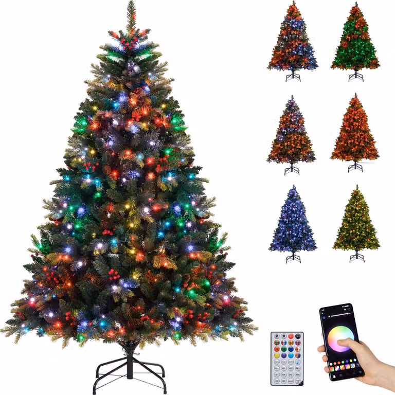 COSTWAY Albero di Natale artificiale 180 cm, albero di Natale con 370 luci RGB multicolore, 1054 punte di rami e telecomando, albero di Natale natalizio