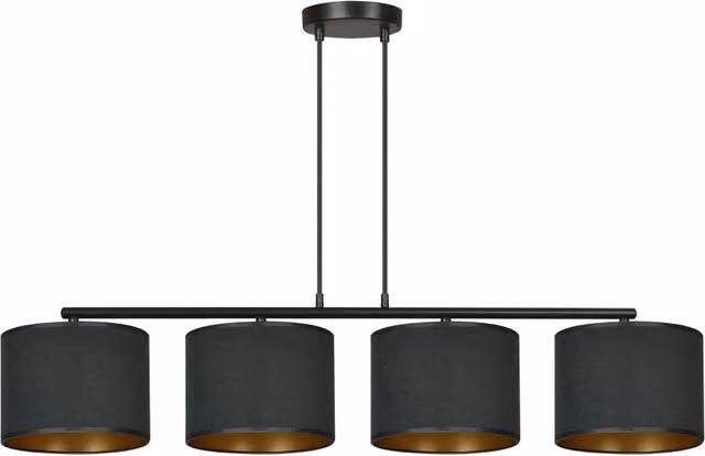 Lampadario a sospensione Emibig Hilde con 4 luci E27, design moderno in metallo e tessuto, colore nero e oro, dimmerabile e con altezza regolabile