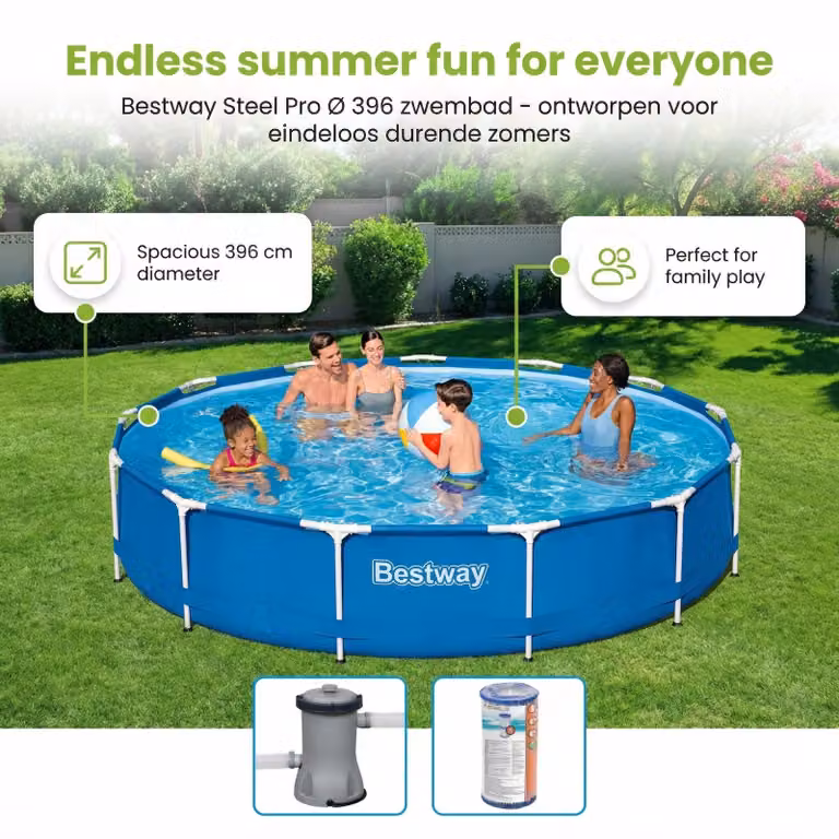 Bestway Steel Pro, piscina in acciaio, forma rotonda - 396x84 cm - composta da 7 elementi, modello S21618