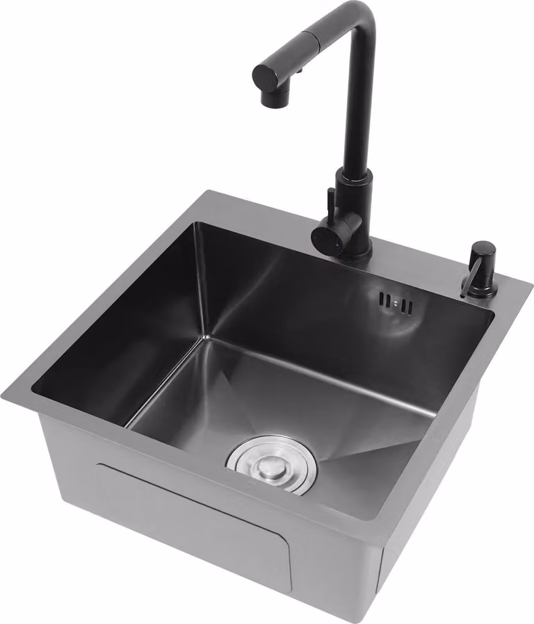 Lavello da cucina 45x45 cm - Lavello da appoggio con un solo vano - Acciaio inossidabile nano - Con miscelatore estraibile - Con dispenser per sapone - Nero