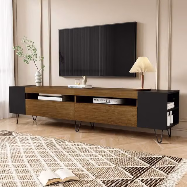 Mobile TV con 2 ante e vani aperti laterali in MDF e pannello truciolare nero effetto legno 180 × 36 × 43 cm
