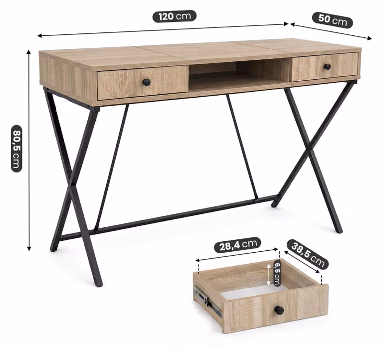 Scrivania PC industriale Rovere Sonoma CROSSLINE 120 cm 2 cassetti 1 ripiano gambe nere