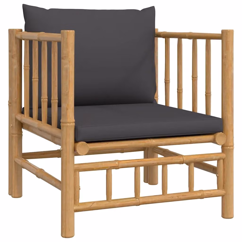 Divano da giardino in bambu con cuscini grigi e rivestimento in poliestere resistente ai raggi UV – 2
