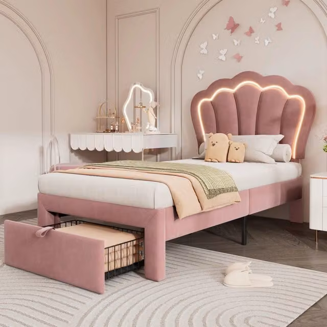 Letto imbottito 90x190 cm LED RGB; testiera regolabile; velluto rosa (Senza materasso)
