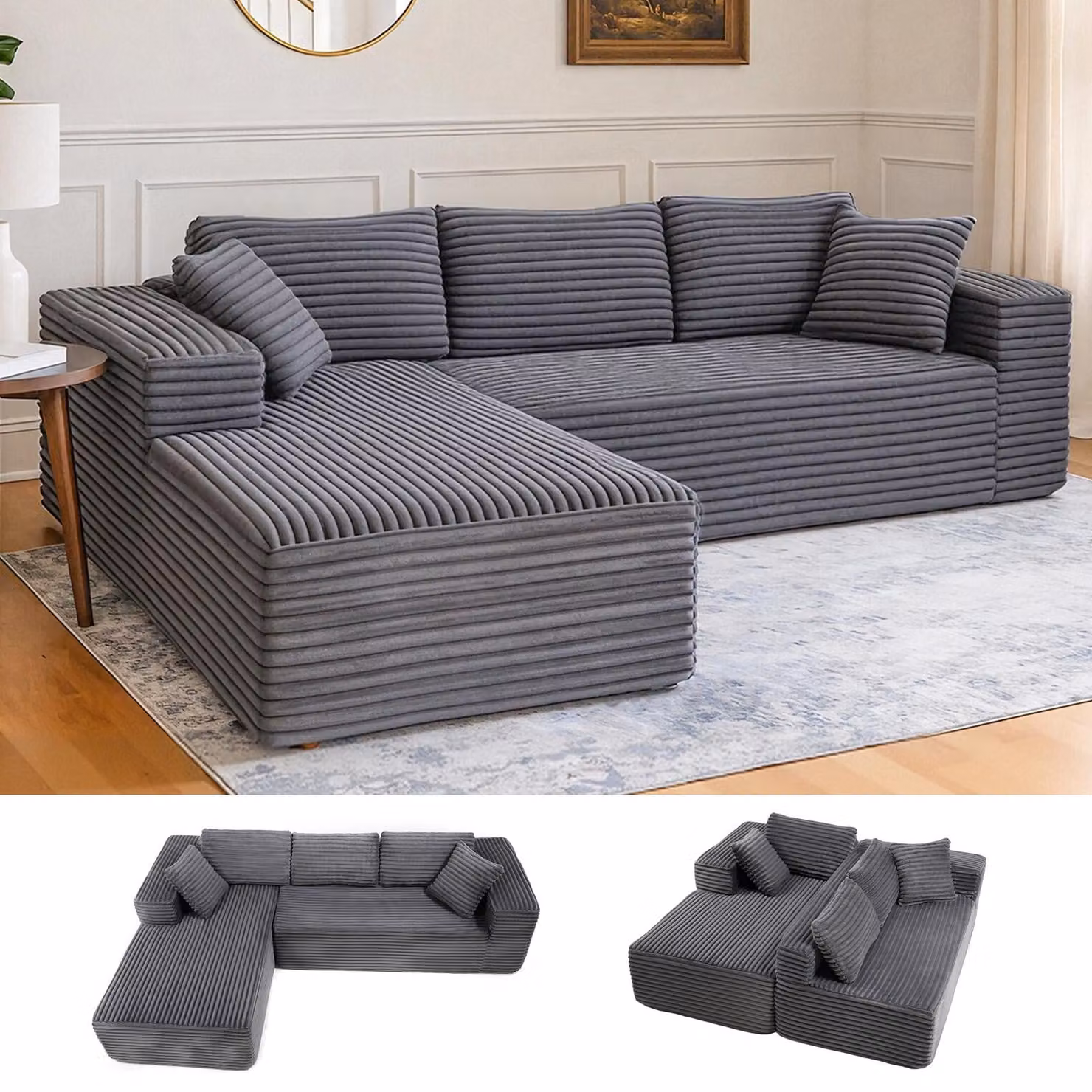 COMHOMASofa Divano grande, divano a L, divano angolare, divano letto a chaise longue con seduta profonda e ampi braccioli, tessuto a coste grigio scuro-R