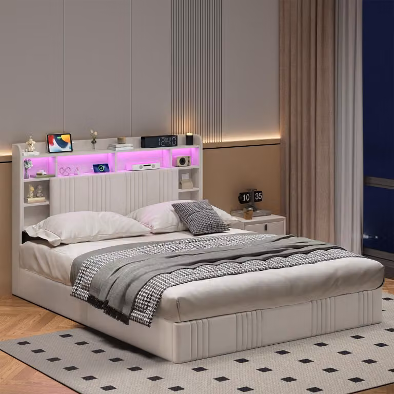 Letto contenitore ProximaX, 140x200 cm, beige, in lino, con sistema di sollevamento idraulico, LED RGB, porta USB-C e ripiano