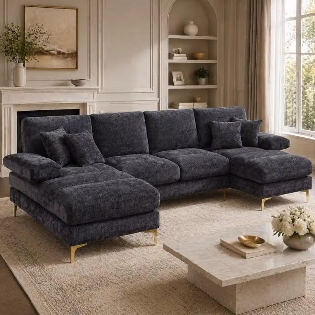Divano angolare a U 272x136 cm in ciniglia grigia con 2 sedute reclinabili HOMVRA