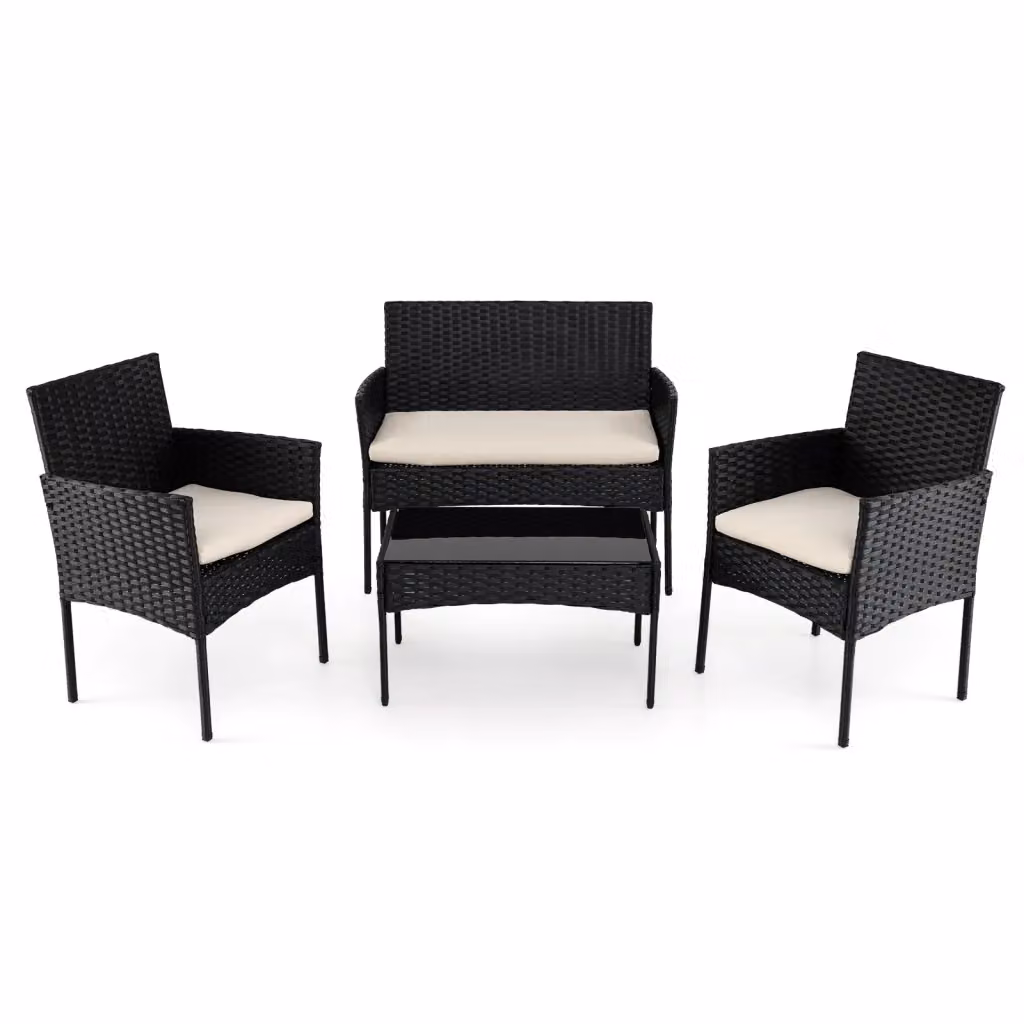 Set salotto da giardino in polyrattan 4 pezzi con divano a 2 posti, poltrone, tavolino in vetro e cuscini beige per esterno – 2