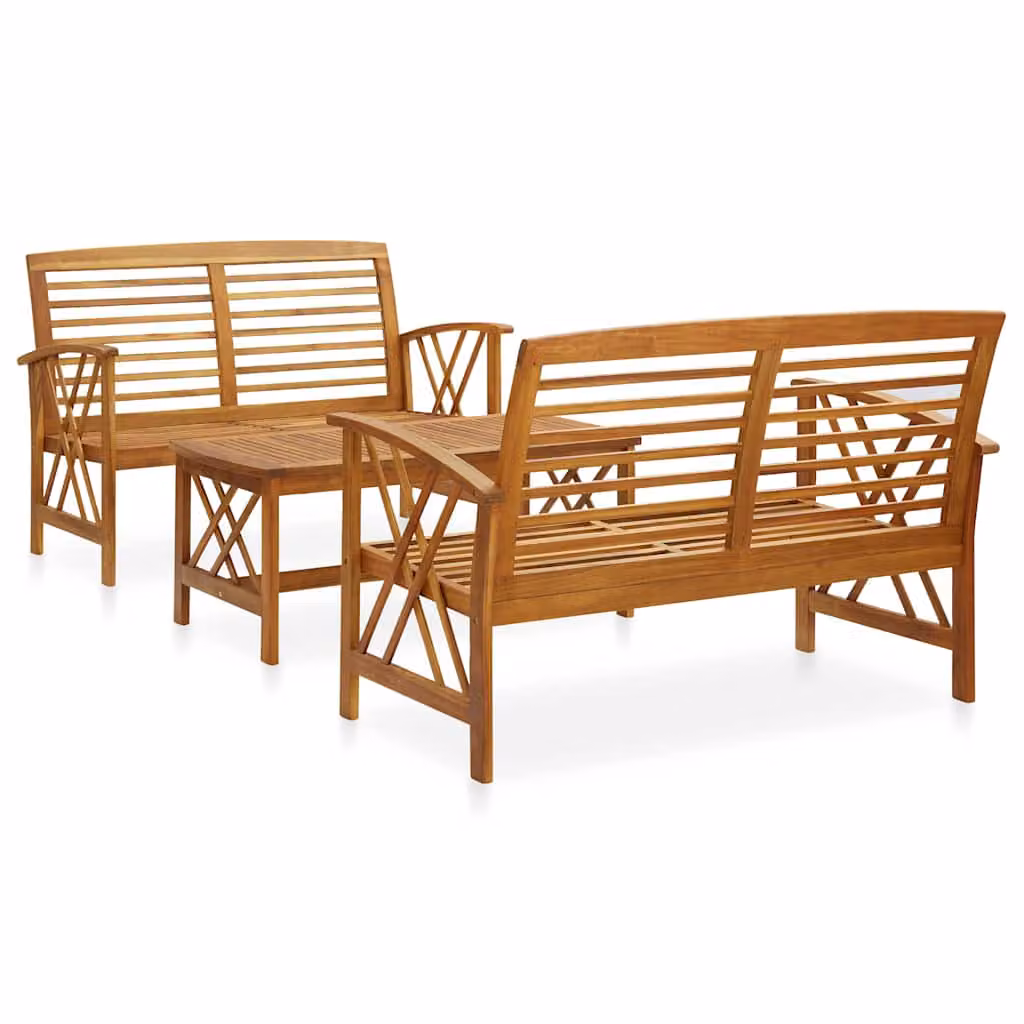 Set da giardino vidaXL composto da 3 pezzi in legno di acacia marrone con divano a 2 posti e tavolino da caffè