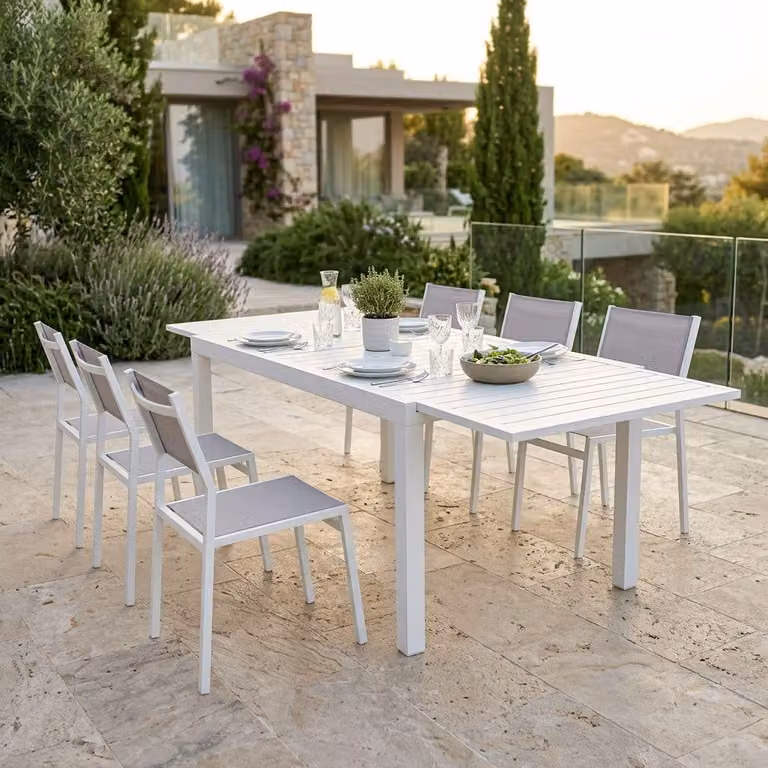 Milani Home - Set Tavolo Giardino Rettangolare Allungabile 160/240x90 Con 6 Sedie In Alluminio Bianco E Textilene Da Esterno - Bianco