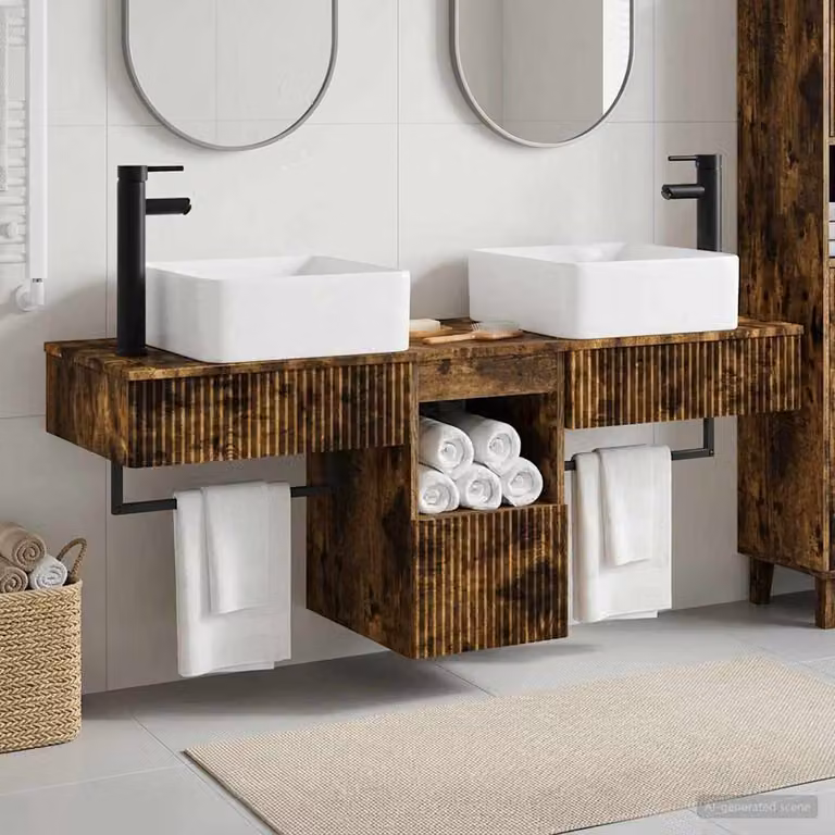 Set di mobili da bagno moderni vidaXL in legno marrone, composto da 3 pezzi con base lavabo e armadietti laterali, L 136 x P 35 x H 80 cm