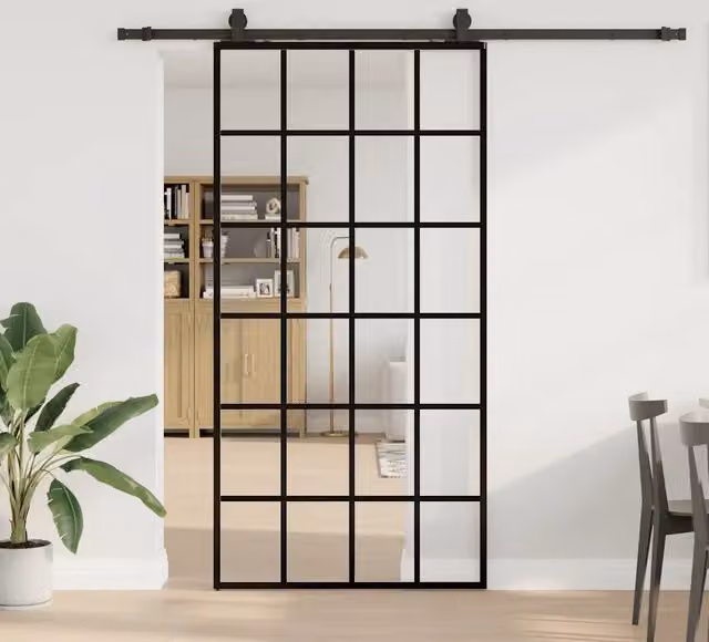 Porta Scorrevole Moderna VIDAXL in Vetro Trasparente con Telaio in Alluminio Nero L: 102 cm, H: 205 cm