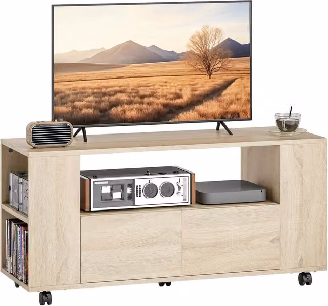 Mobile TV XYLO con ruote e 2 cassetti, colore naturale beige, L: 102 cm, P: 34,5 cm, H: 48,5 cm