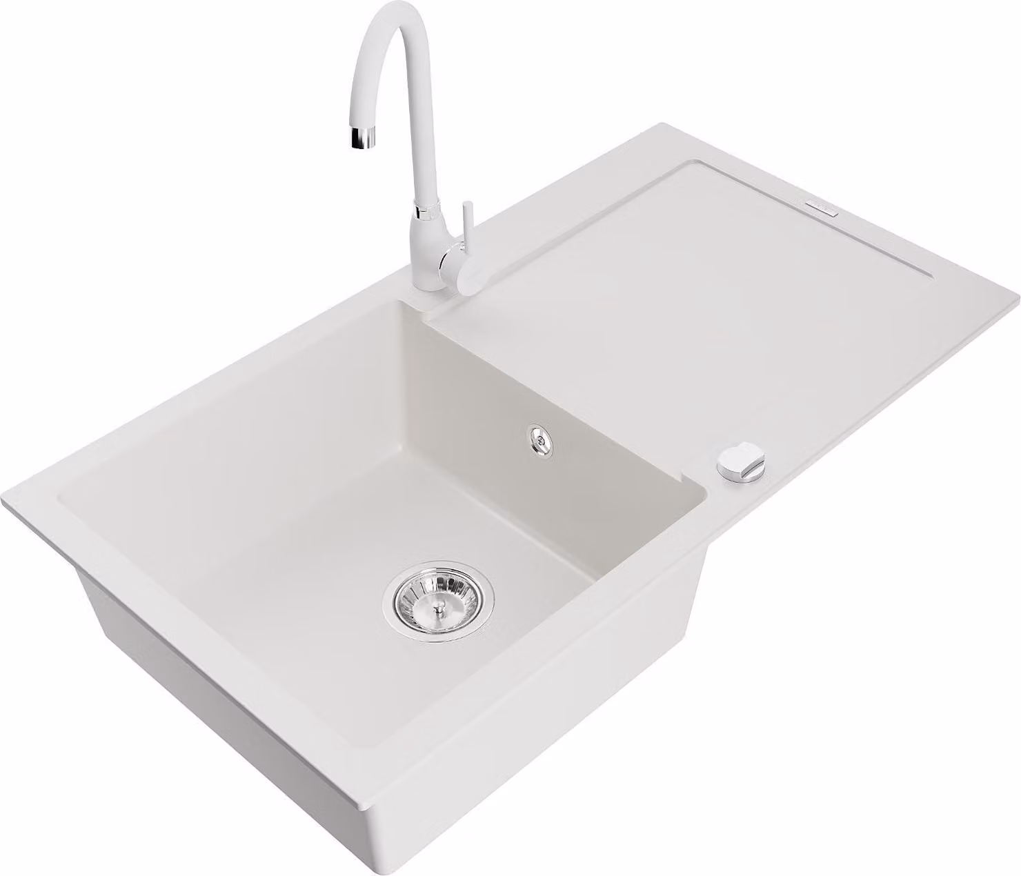 Mexen Leo lavello in granito 1-vasca con gocciolatoio e rubinetto da cucina Telma, bianco - 6501-20-670200-20