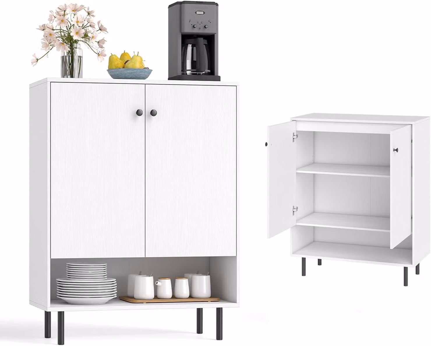 KOMFOTTEU Mobile da cucina con 2 ante e 1 ripiano aperto, credenza con ripiani regolabili, mobile da sala da pranzo 75 x 35 x 95 cm, mobile contenitore per soggiorno e sala da pranzo (bianco)
