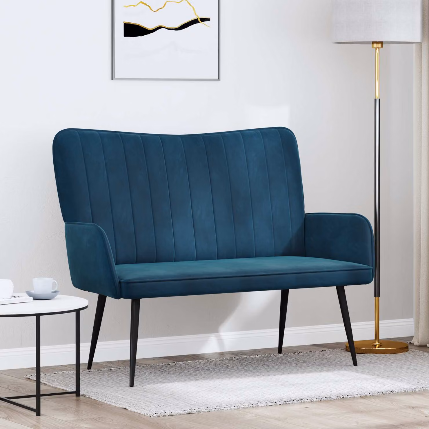 Divano a 2 posti vidaXL in velluto blu, design moderno e lineare, L: 115 cm, P: 61 cm, H: 87 cm