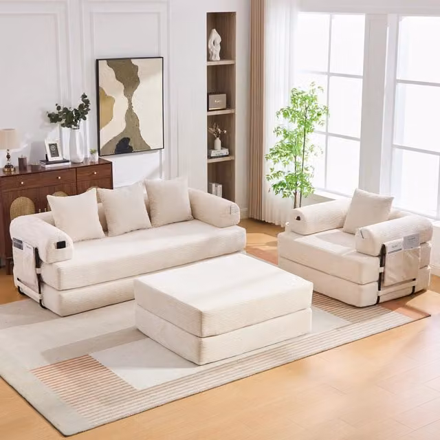 Divano modulare a L OKWISH in tessuto a righe beige con pouf e cuscini coordinati e struttura in metallo per il tuo soggiorno