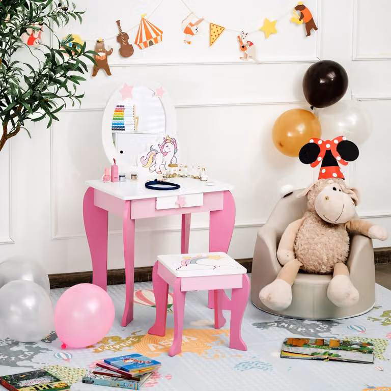 Toeletta per bambine Costway con sgabello, specchio smontabile e cassetto, Rosa e bianco