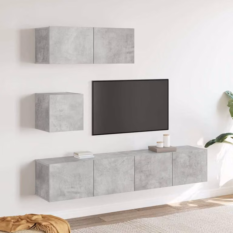 Set di mobili porta TV moderno vidaXL in legno e MDF, 4 pezzi, Grigio, con montaggio a parete