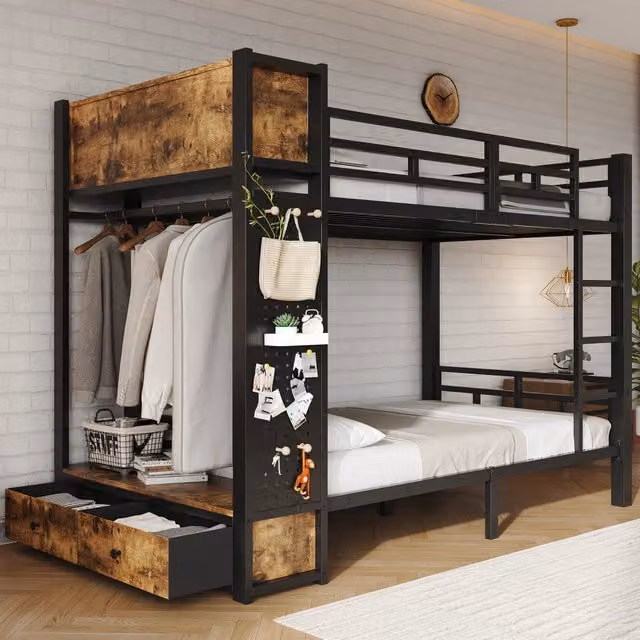 Letto a castello 120 × 200 cm con cassetto, appendiabiti, parete forata e ripiani, senza materasso, in metallo