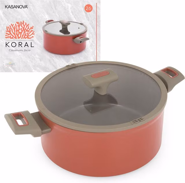 Casseruola Kasanova in ceramica con coperchio in vetro, diametro 26 cm, colori arancione e rosso