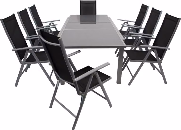 Set da giardino DEGAMO PISA, 9 pezzi, alluminio argento + tessuto sintetico nero, 8 sedie pieghevoli, 1 tavolo allungabile 180/240 x 100 cm