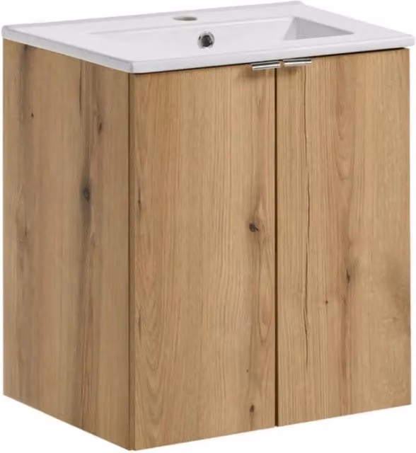 Set da bagno sospeso VANO in rovere e bianco 50cm: mobili sotto lavabo con armadietti + lavabo incassato