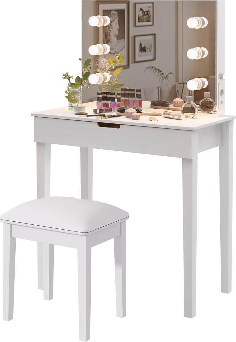 Toeletta con specchio, sgabello da toeletta, set per toeletta con 6 lampadine, bianco,