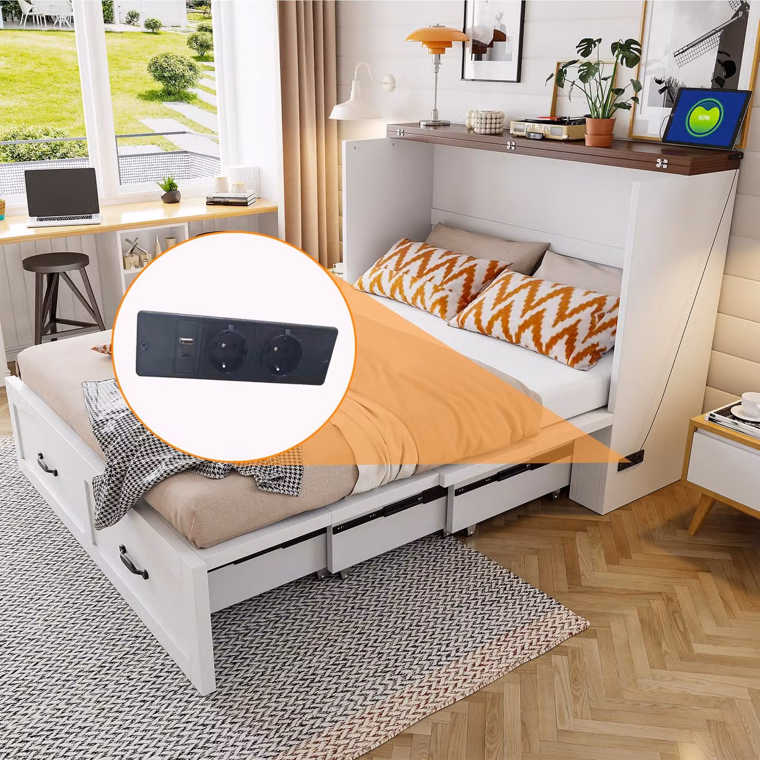 Letto a scomparsa Flieks, 140x200 cm, con presa di corrente, struttura letto estraibile, letto a ribalta con rotelle silenziose, colore bianco