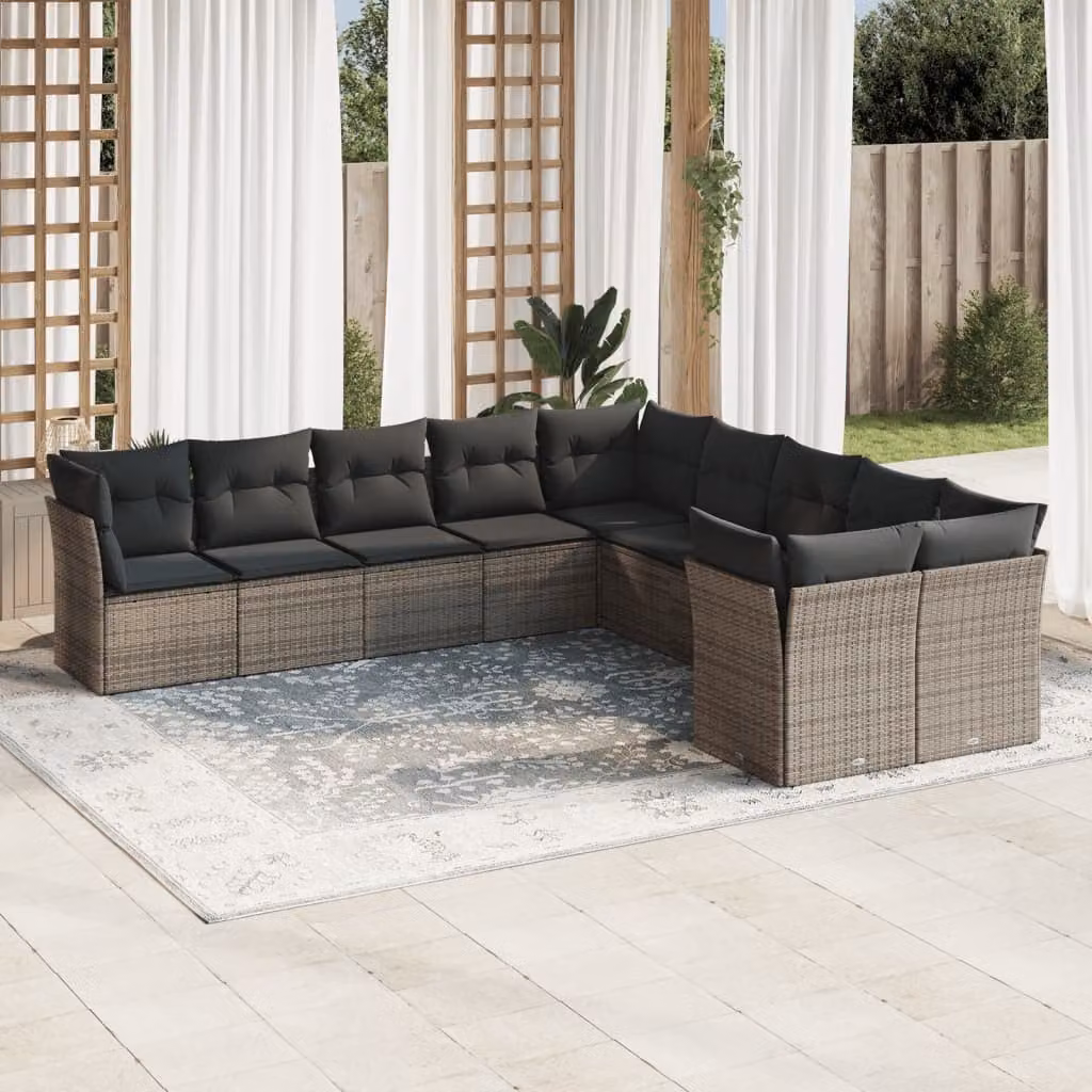 vidaXL Set Divano da Giardino 10 pz a Forma a L con Cuscini Grigio in Polyrattan e Struttura in Metallo – 1