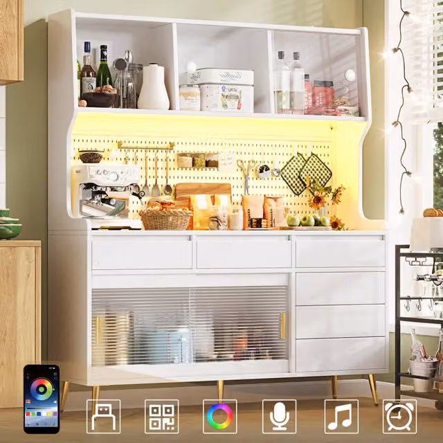 Mobile Alto con LED e Cassetto, Credenza Cucina o Sala ¨C Xylo ¨C Bianco, 145x39x171