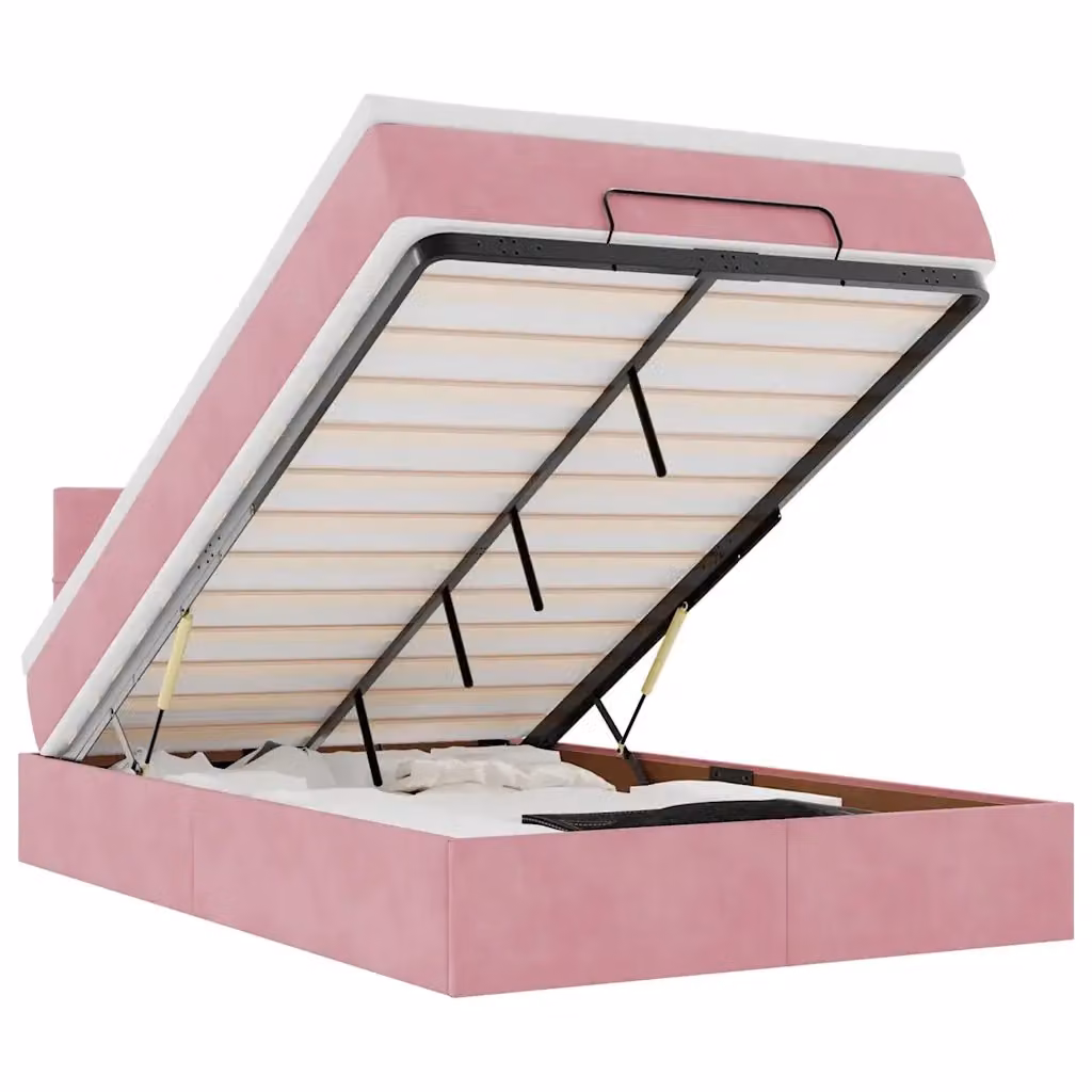Letto con contenitore a sollevamento vidaXL in velluto rosa e bianco L/P/H: 200 x 120 x 88 cm – 2