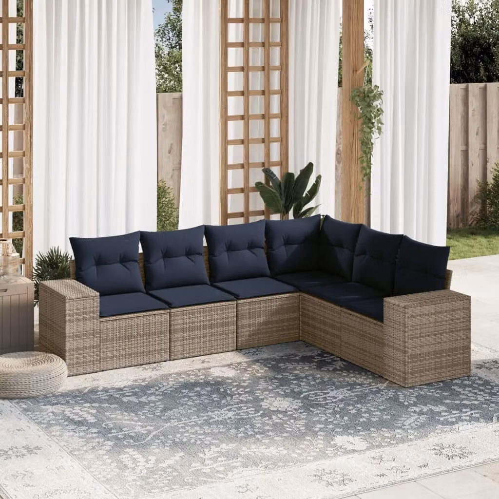 Set di divani da giardino vidaXL in polyrattan da 6 pezzi con cuscini grigi e blu a forma di L