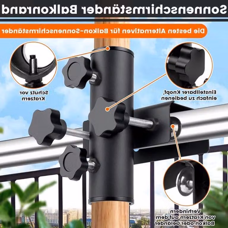 Supporto regolabile in metallo per ombrelloni, ideale per balconi, terrazze o tavoli. Robusto portaombrello per tubi di diametro da 23 a 38 mm, perfetto per l'uso all'aperto