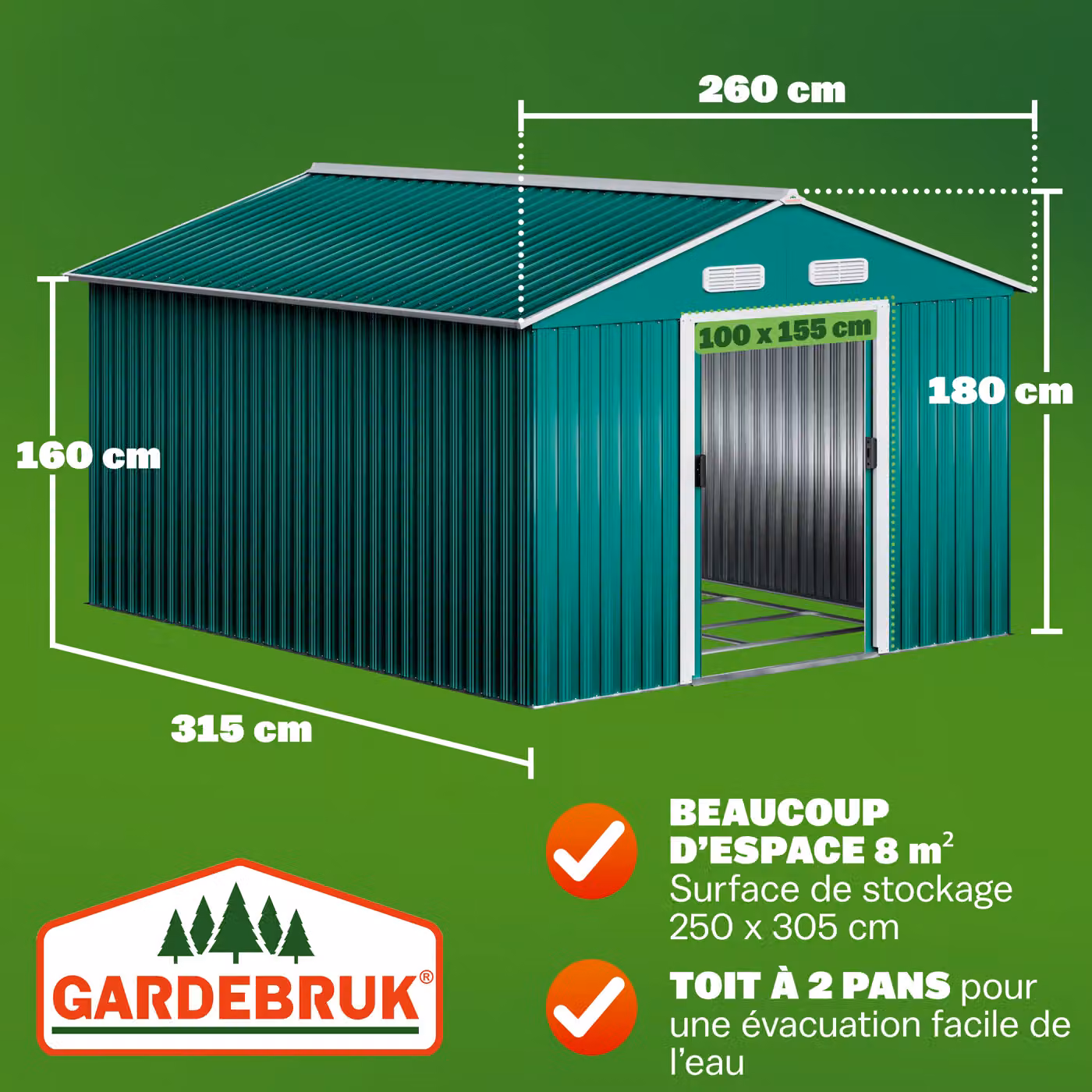 Casetta da giardino Gardebruk in metallo verde con porta scorrevole e ventilazione del tetto L 260 cm x P 315 cm x H 180 cm – 2