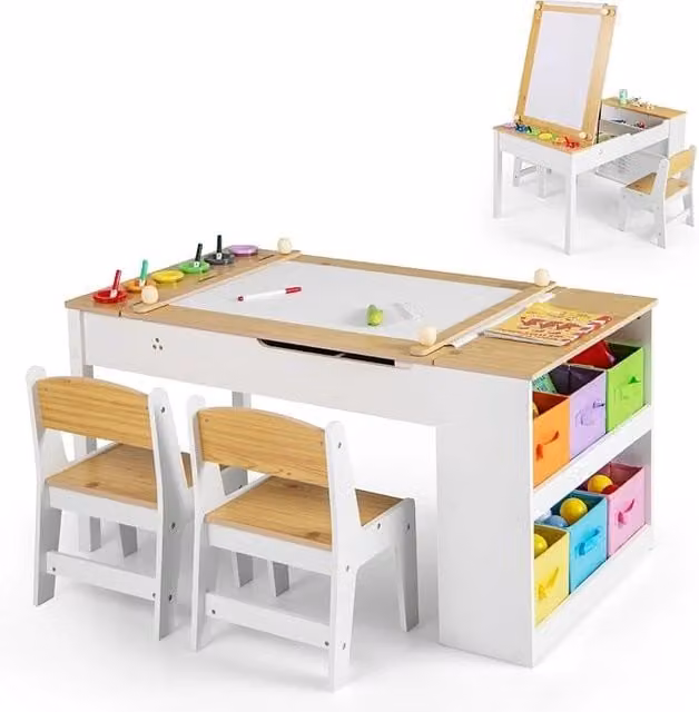 Set Tavolo da Disegno e Cavalletto Multifunzione COSTWAY per Bambini con 2 Sedie, Piano Reversibile Sollevabile e Regolabile in Altezza, Colore Bianco
