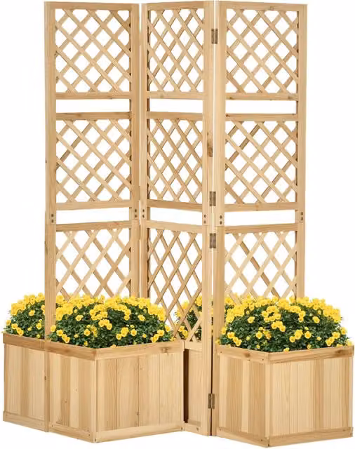 Paravento da Giardino Frangivista Pieghevole a 3 Ante in Legno Massello con 4 Fioriere, Colore Naturale, 133 x 62 x 165 cm