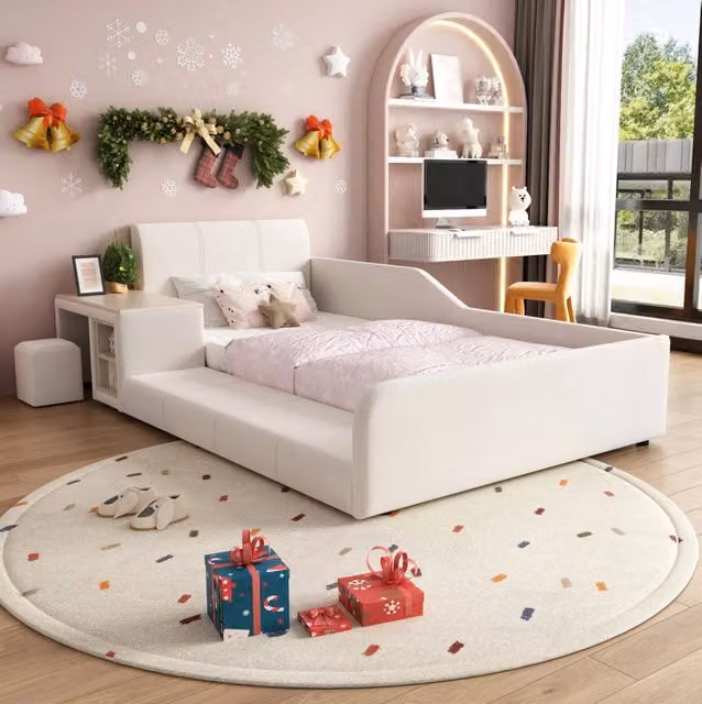 Letto singolo 90x200 cm bianco in velluto con scrivania, sgabello e ripiano