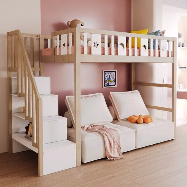 Letto a soppalco 90 × 200 cm con scala a ripiani, barriere di sicurezza, senza materasso, bianco naturale