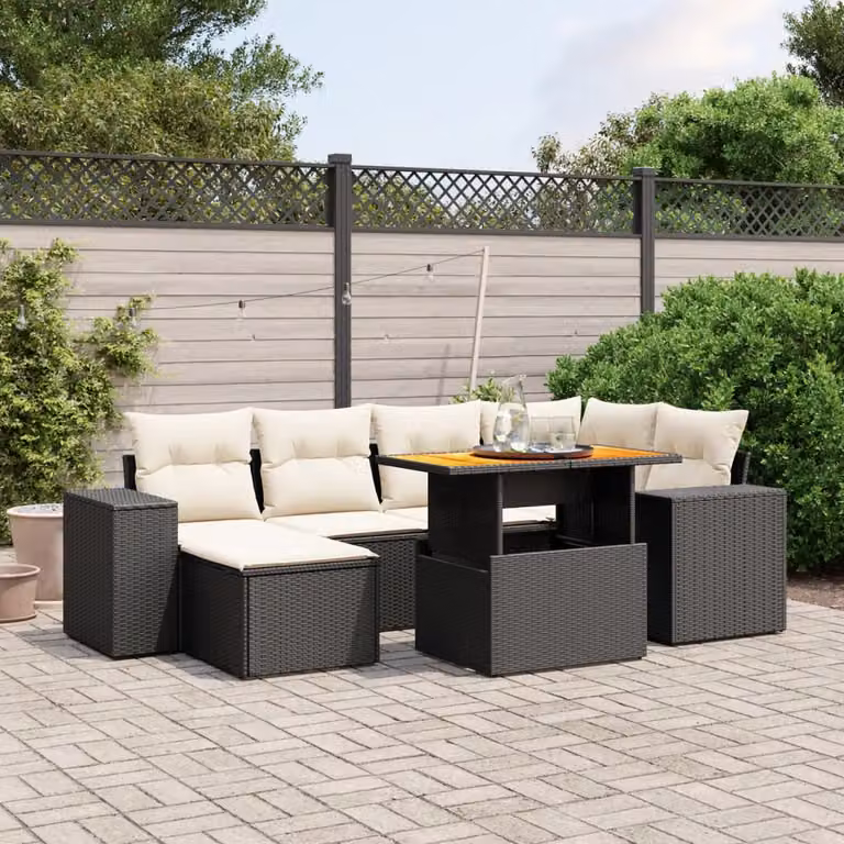 vidaXL Set Divani da Giardino in Polyrattan Nero con 7 Cuscini e Tavolino da Esterno