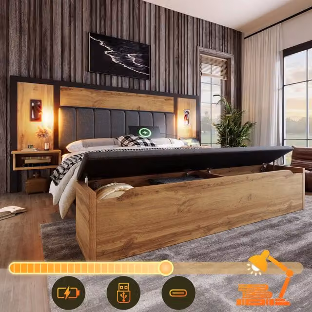 Set camera – 180x200 cm – comodino USBC panca contenitore – legno e lino rovere