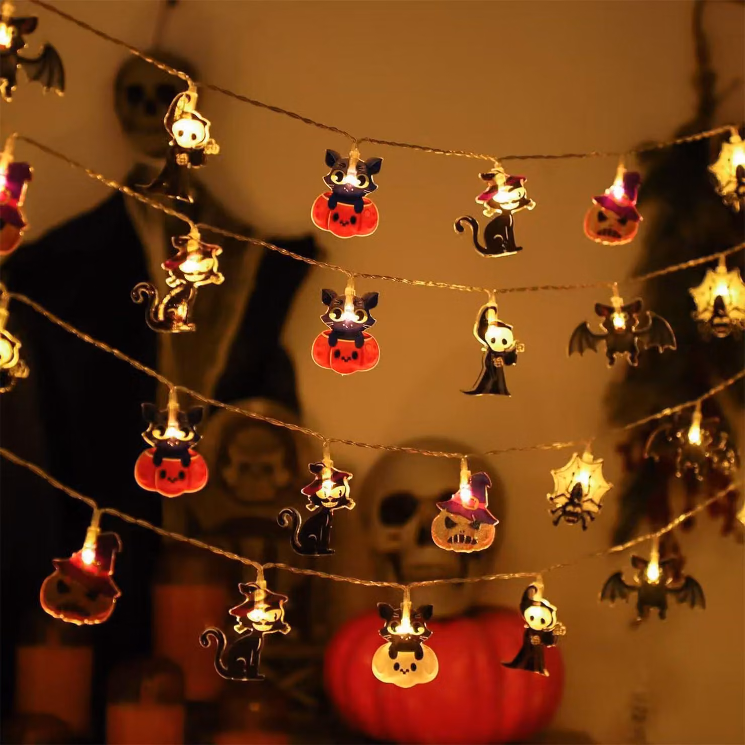 Catena luminosa a tema Halloween, 3 metri, 20 LED, con decorazioni a forma di ragno e zucca, luce bianco caldo