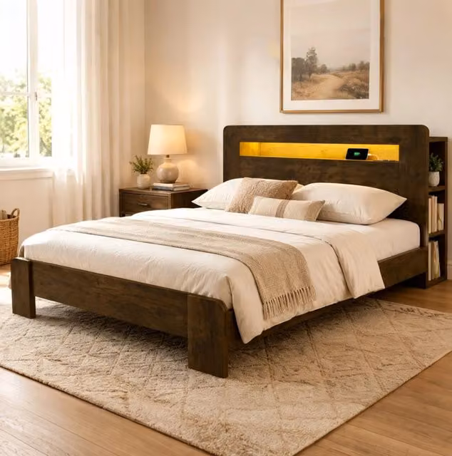 Letto matrimoniale 140x200 cm in legno con testiera contenitore; LED e prese integrate; effetto vintage