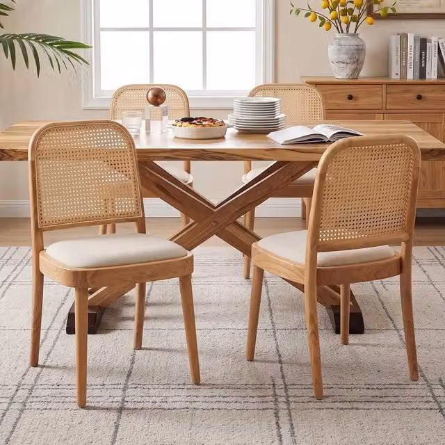 Set 4 sedie da pranzo ¨C Minimal ¨C velluto rattan legno massello schienale imbottite stile moderno colore legno