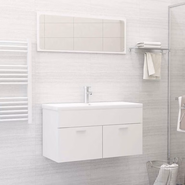 Set Mobili da Bagno vidaXL 2 Pezzi Bianco in Legno Multistrato con Mobile Lavabo e Armadietto Specchio a Parete
